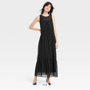 A New Day L Womens Maxi Dress Sheer Chiffon Crew Neck Keyhole Back Black